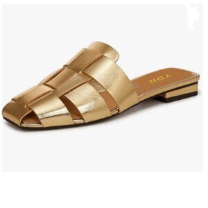 YDN Gold Square Toe Slip On Braided Mules Low Heel Backless Sandal Walking Shoes